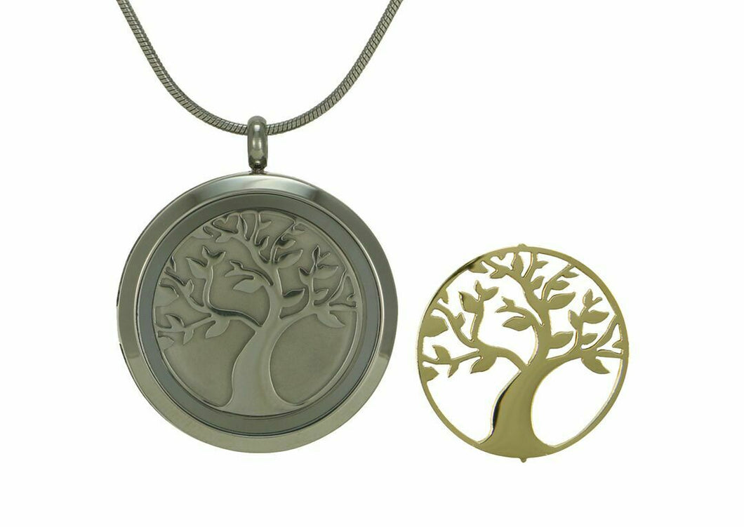 Stainless Steel/14k Gold Plated Round Pewter Cremation Pendant w/Tree