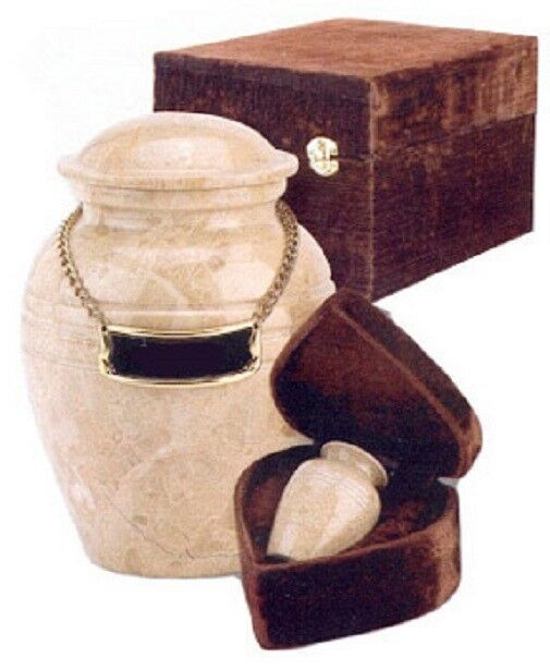 Set of Medium (44 cubic inch) & Keepsake(3 in) Marble Cremation Urns w/nameplate