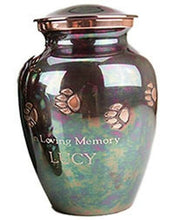 Load image into Gallery viewer, 45 Cubic Inches Teal Raku Color Brass Pawprint Pet Cremation Urn for Ashes
