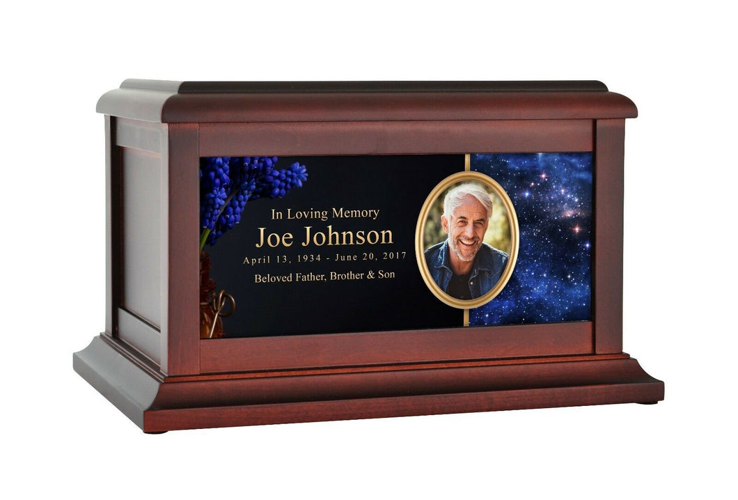 Large/Adult 200 Cubic Inches Space Nebulae Wood Photo Cremation Urn for Ashes