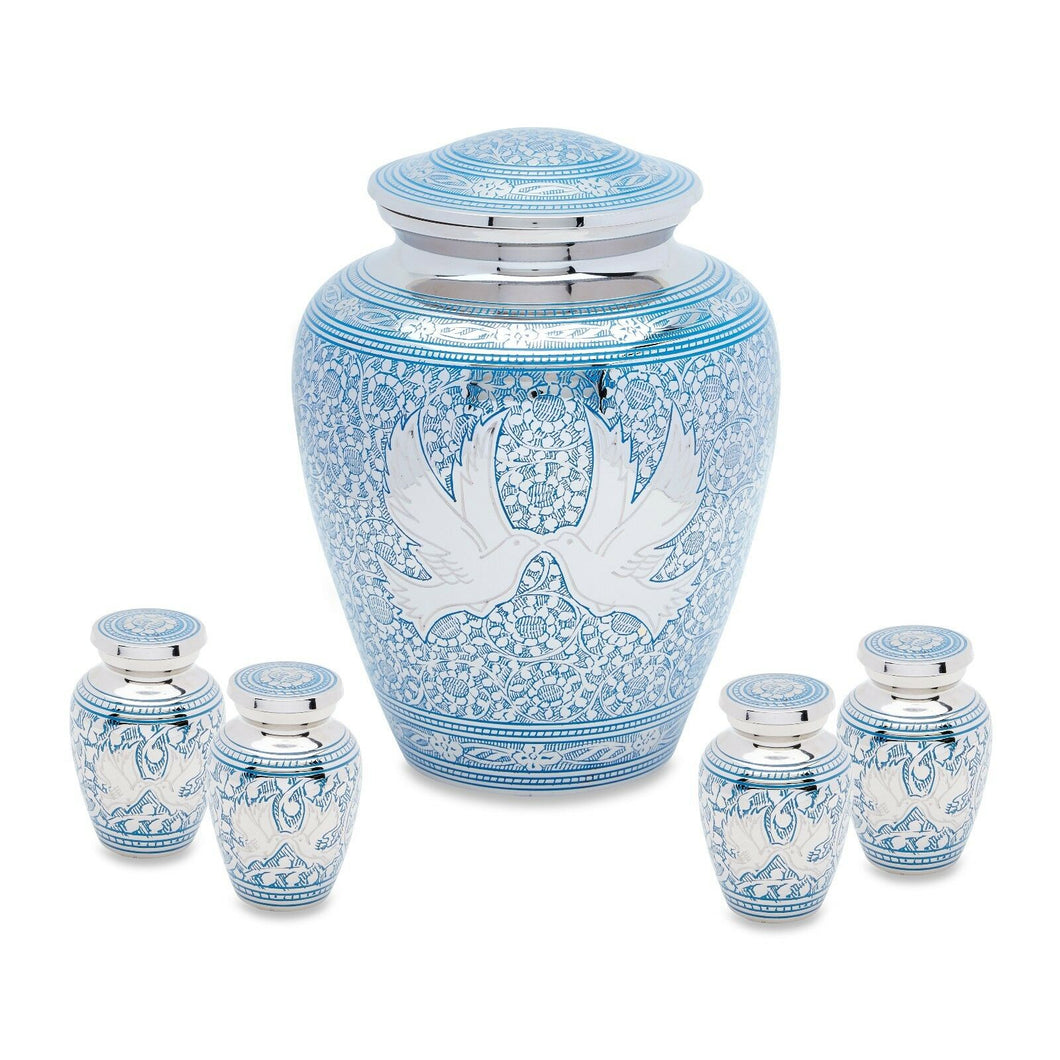 Blue Loving Doves 222 Cubic Inches Set of  Cremation Urns, Adult & 4 Keepsakes