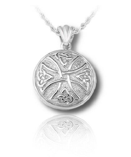 Sterling Silver Celtic Cross Round Funeral Cremation Urn Pendant w/Chain