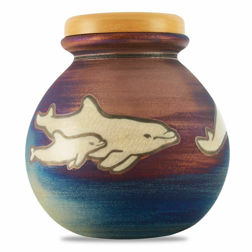 Large/Adult 200 Cubic Inches Raku Dolphins Funeral Cremation Urn for Ashes