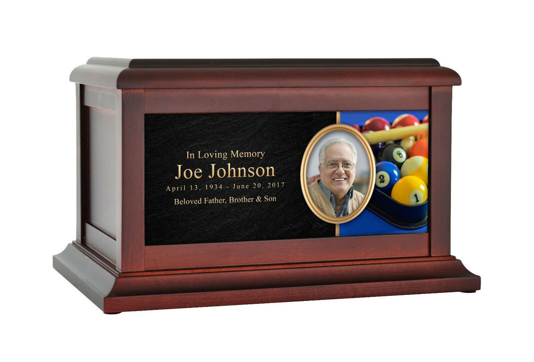 Large/Adult 200 Cubic Inch Billiards Wood Photo Funeral Cremation Urn for Ashes