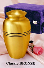 Load image into Gallery viewer, Adult Gold Colored, Brass Funeral Cremation Urn w. Box, Assorted Sizes Available

