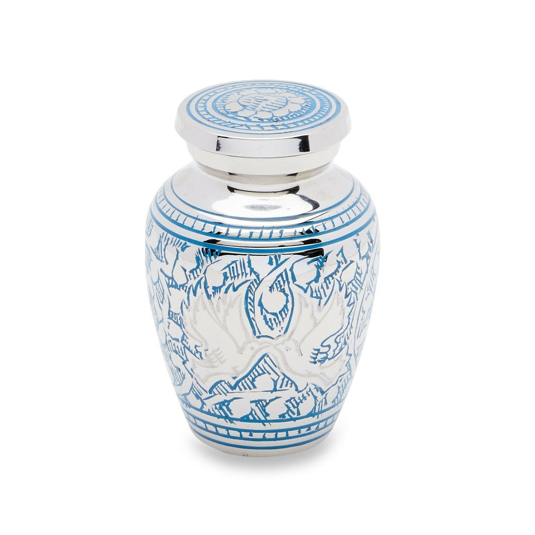 Small/Keepsake 3 Cubic Ins Blue Loving Doves Funeral Cremation Urn for Ashes