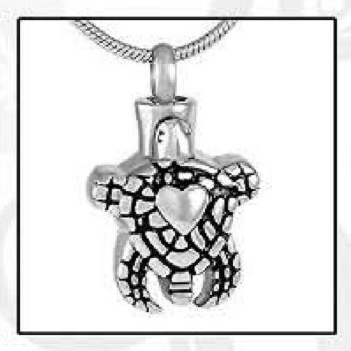 Silver Turtle Stainless Steel Funeral Cremation Urn Pendant w/Chain for Ashes