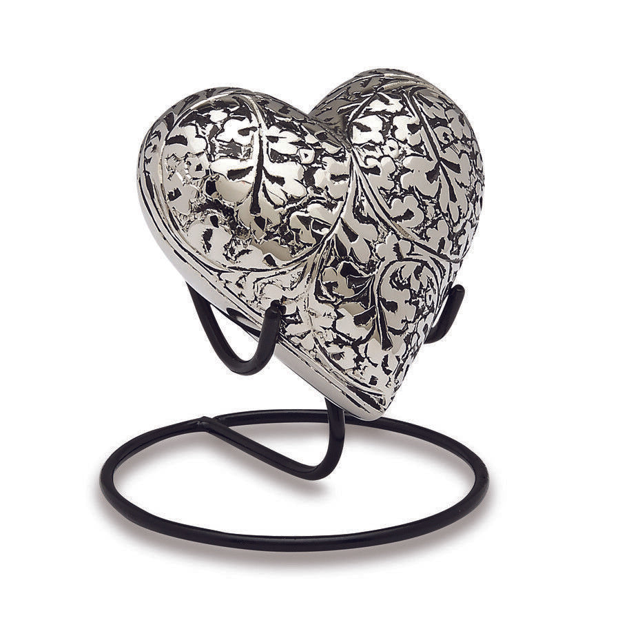 Silver Oak Color 3 Cubic Inches Heart with Stand Keepsake Funeral Cremation Urn