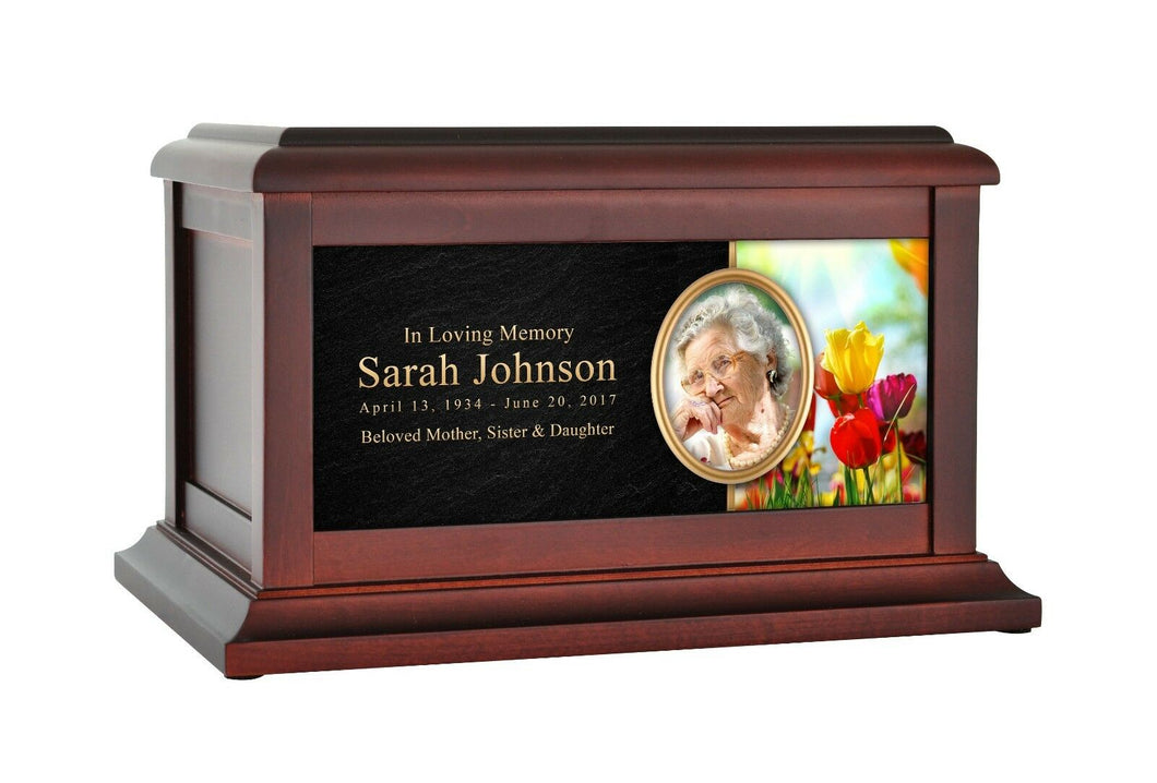 Large/Adult 200 Cubic Inches Tulips Wood Photo Funeral Cremation Urn for Ashes