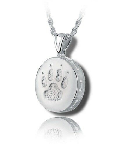 Sterling Silver Round Dog Paw Funeral Cremation Urn Pendant for Ashes w/Chain