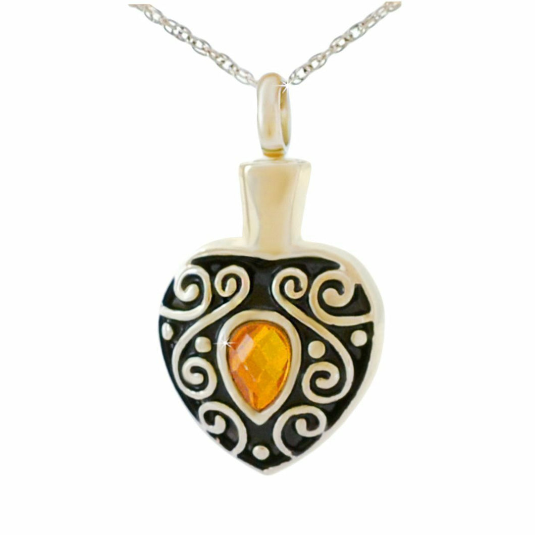 Orange Crystal in Heart Stainless Steel Pendant/Necklace Cremation Urn for Ashes