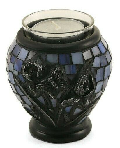 Small/Keepsake Blue Mosaic Iris Tealight Glass Funeral Cremation Urn for Ashes