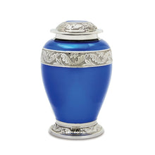 Load image into Gallery viewer, Berkshire Set of 3 - Adult, Keepsake, Heart - Blue &amp; Silver Cremation Urns
