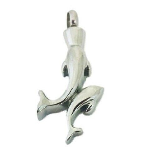 Stainless Steel Two Dolphins Cremation Urn Pendant for Ashes w/20-in Necklace