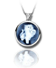 Load image into Gallery viewer, Sterling Silver &amp; Blue Agate Kitten Cameo Funeral Cremation Urn Pendant w/Chain
