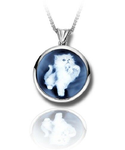 Sterling Silver & Blue Agate Kitten Cameo Funeral Cremation Urn Pendant w/Chain