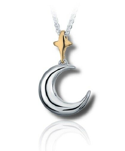 Sterling Silver & 10kt Gold Moon & Star Funeral Cremation Urn Pendant w/Chain
