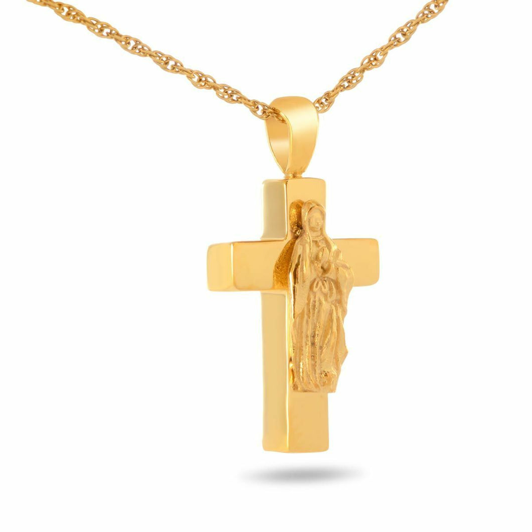 10K Gold Mary on the Cross Pendant/Necklace Funeral Cremation Urn for Ashes