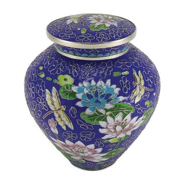 Large/Adult Cloisonne Lily Dragonfly Funeral Cremation Urn For Ashes 200 Cu. In.