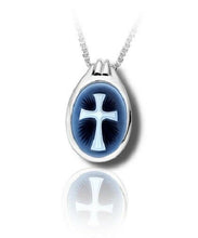Load image into Gallery viewer, Sterling Silver &amp; Blue Agate Cross Cameo Funeral Cremation Urn Pendant w/Chain
