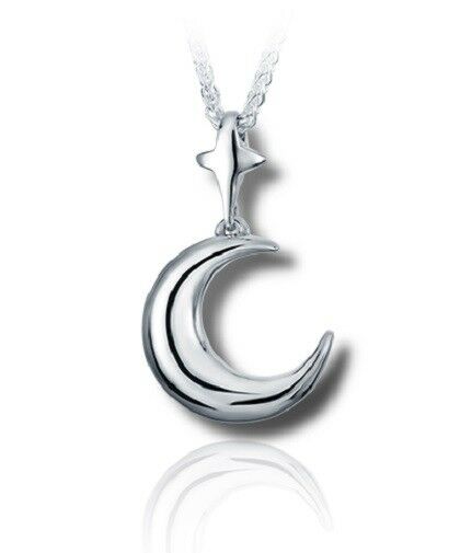 Sterling Silver Moon & Star Funeral Cremation Urn Pendant for Ashes w/Chain