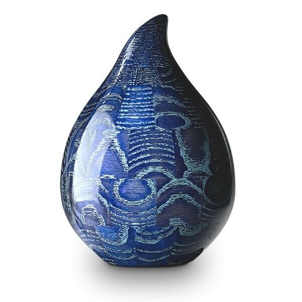 Blue Tear Drop Oak Wood Adult Funeral Cremation Urn, 200 Cubic Inches