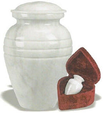 Load image into Gallery viewer, Set of Adult (205 cubic inch) &amp; Keepsake (3 inch) Marble Funeral Cremation Urns
