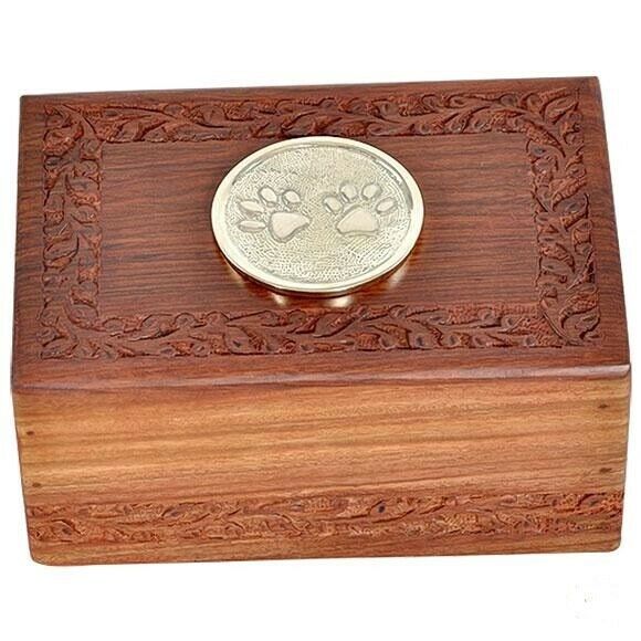 Small/Keepsake 80 Cubic Inch Rosewood/Brass Paw Prints Pet Funeral Cremation Urn