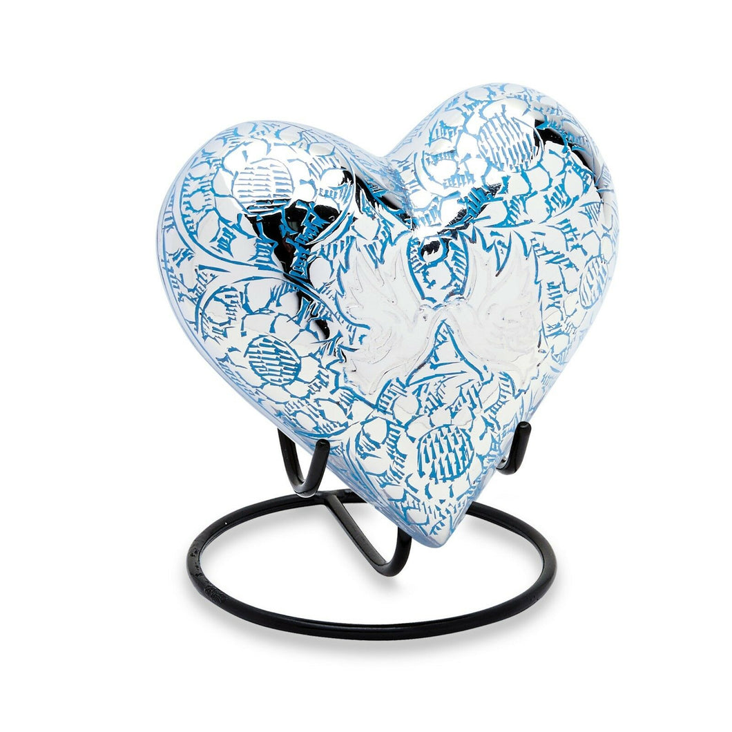 Small/Keepsake 3 Cubic Ins Blue Loving Doves Heart Cremation Urn for Ashes
