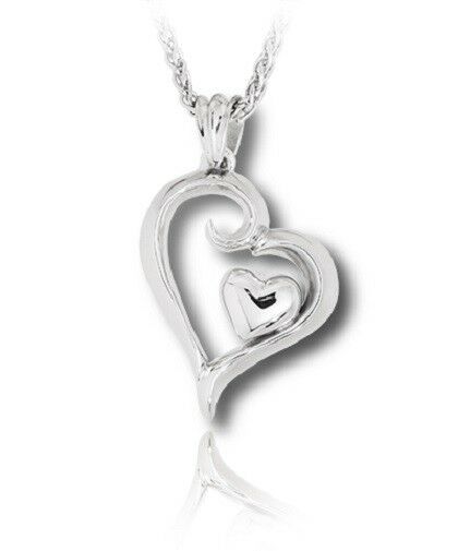 Sterling Silver Heart within a Heart Funeral Cremation Urn Pendant w/Chain