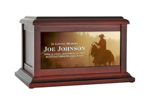 Load image into Gallery viewer, Large/Adult 200 Cubic Inches Cowboy in Desert Wood Photo Cremation Urn for Ashes
