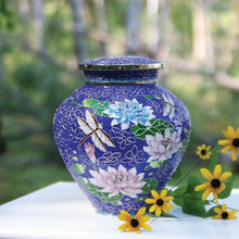 Load image into Gallery viewer, Large/Adult Cloisonne Lily Dragonfly Funeral Cremation Urn For Ashes 200 Cu. In.
