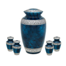 Load image into Gallery viewer, Set of Blue &amp; Silver Aluminum Cremation Urns for Ashes - Adult &amp; 4 Keepsakes
