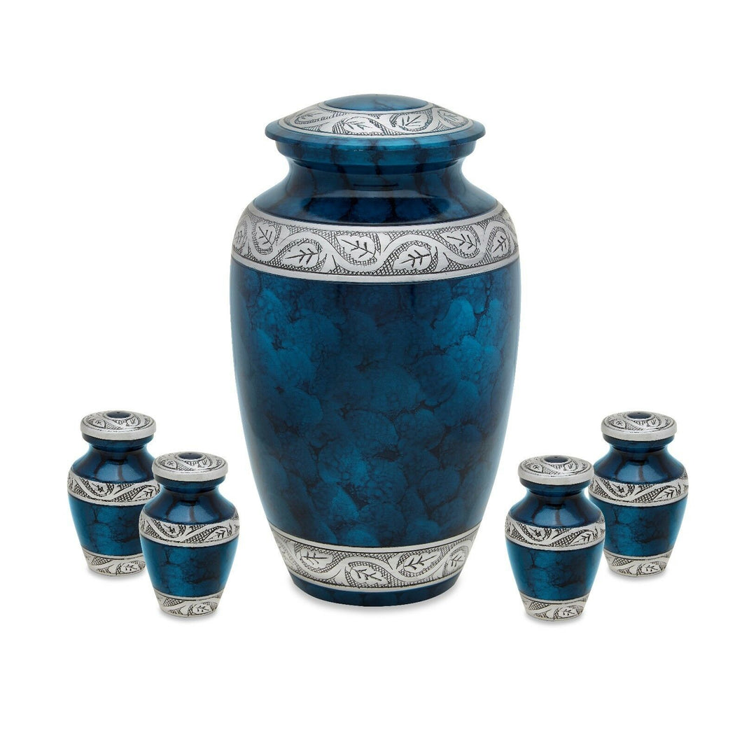 Set of Blue & Silver Aluminum Cremation Urns for Ashes - Adult & 4 Keepsakes