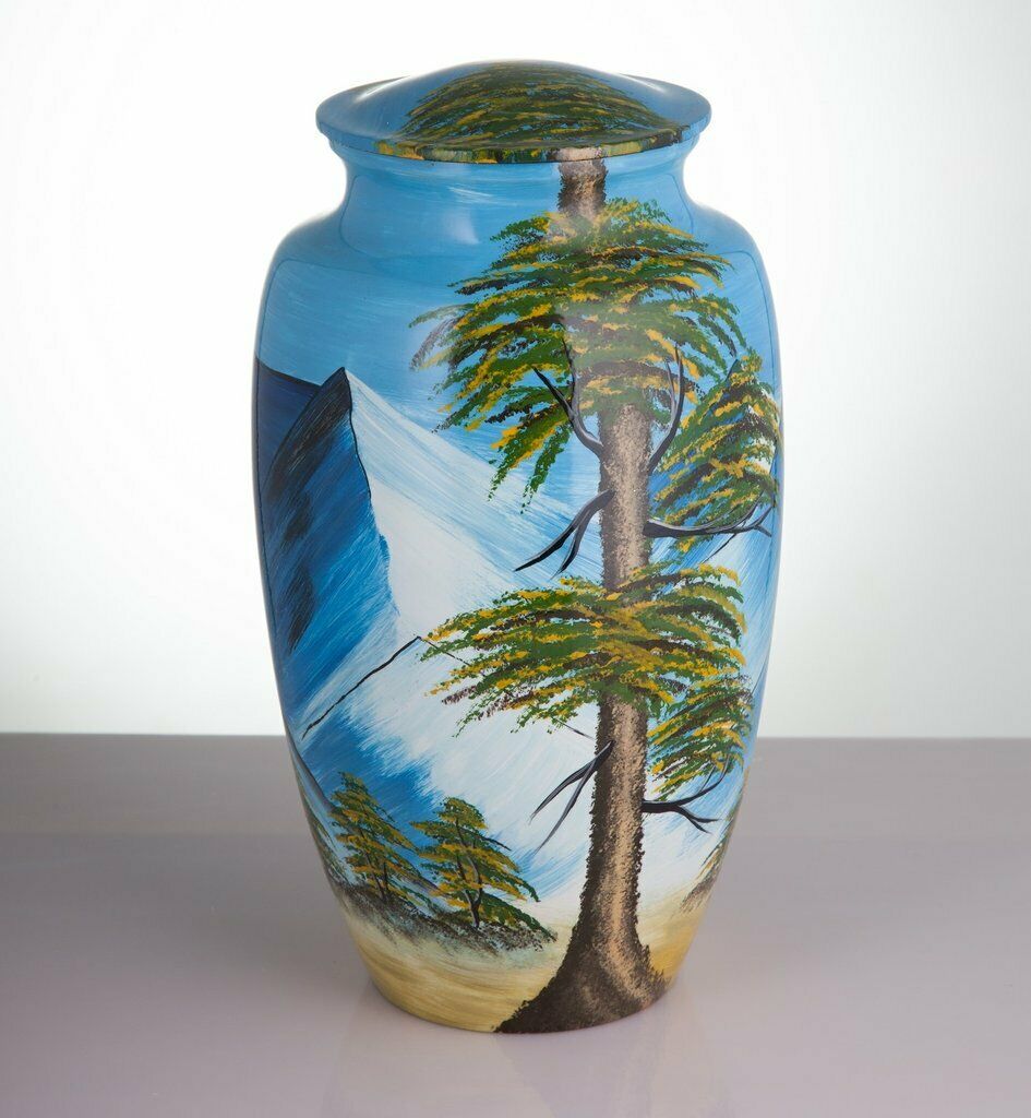 Large/Adult 200 Cubic Inch Hand Painted Mountains & Trees Funeral Cremation Urn