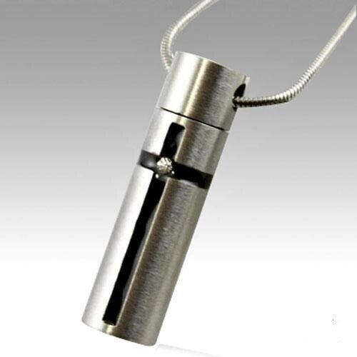 Stainless Steel Cross on Cylinder Funeral Cremation Urn Memorial Pendant Jewelry