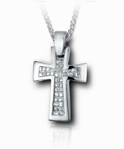 Sterling Silver Nugget Cross Funeral Cremation Urn Pendant for Ashes with Chain