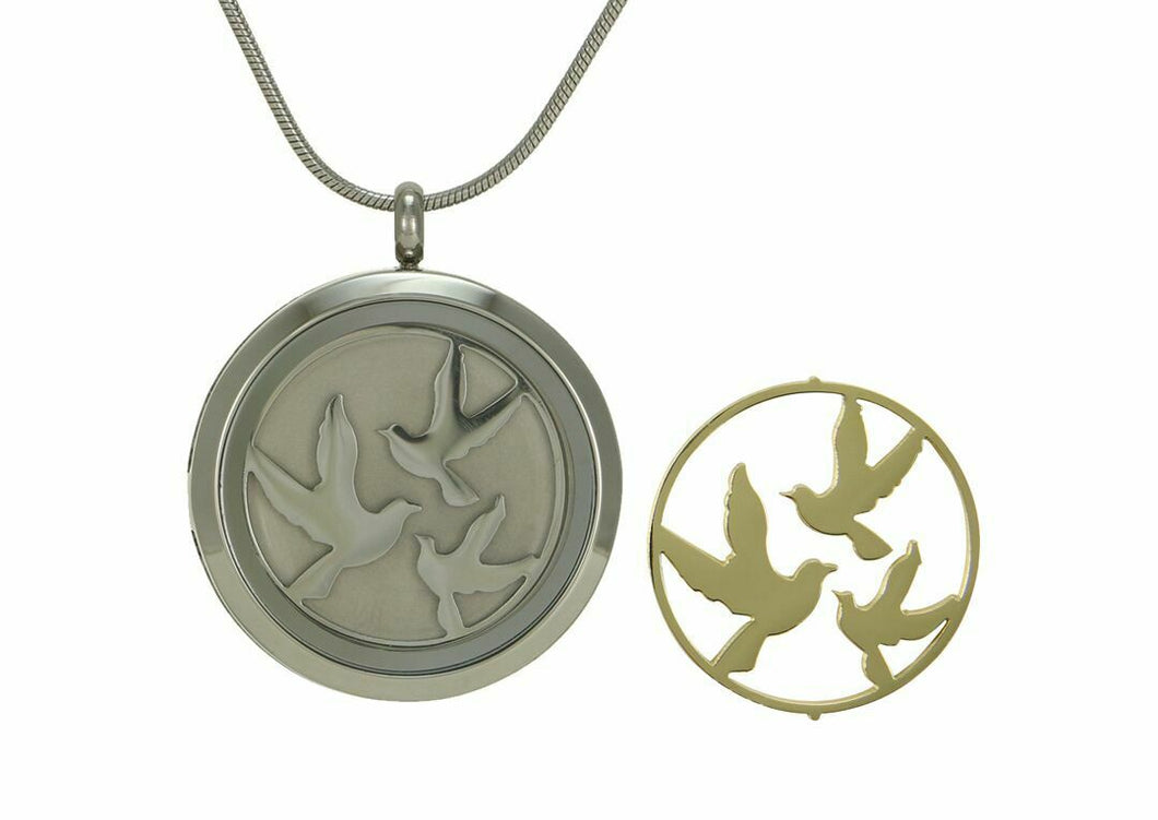 Stainless Steel/14k Gold Plated Round Pewter Funeral Cremation Pendant w/Birds