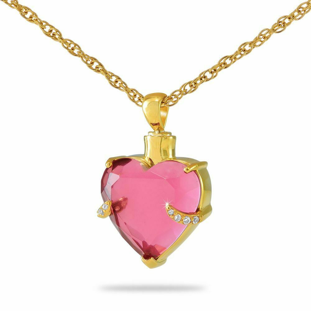 14K Solid Gold Pink Crystal Heart Cremation Pendant/Necklace Funeral Urn For Ash