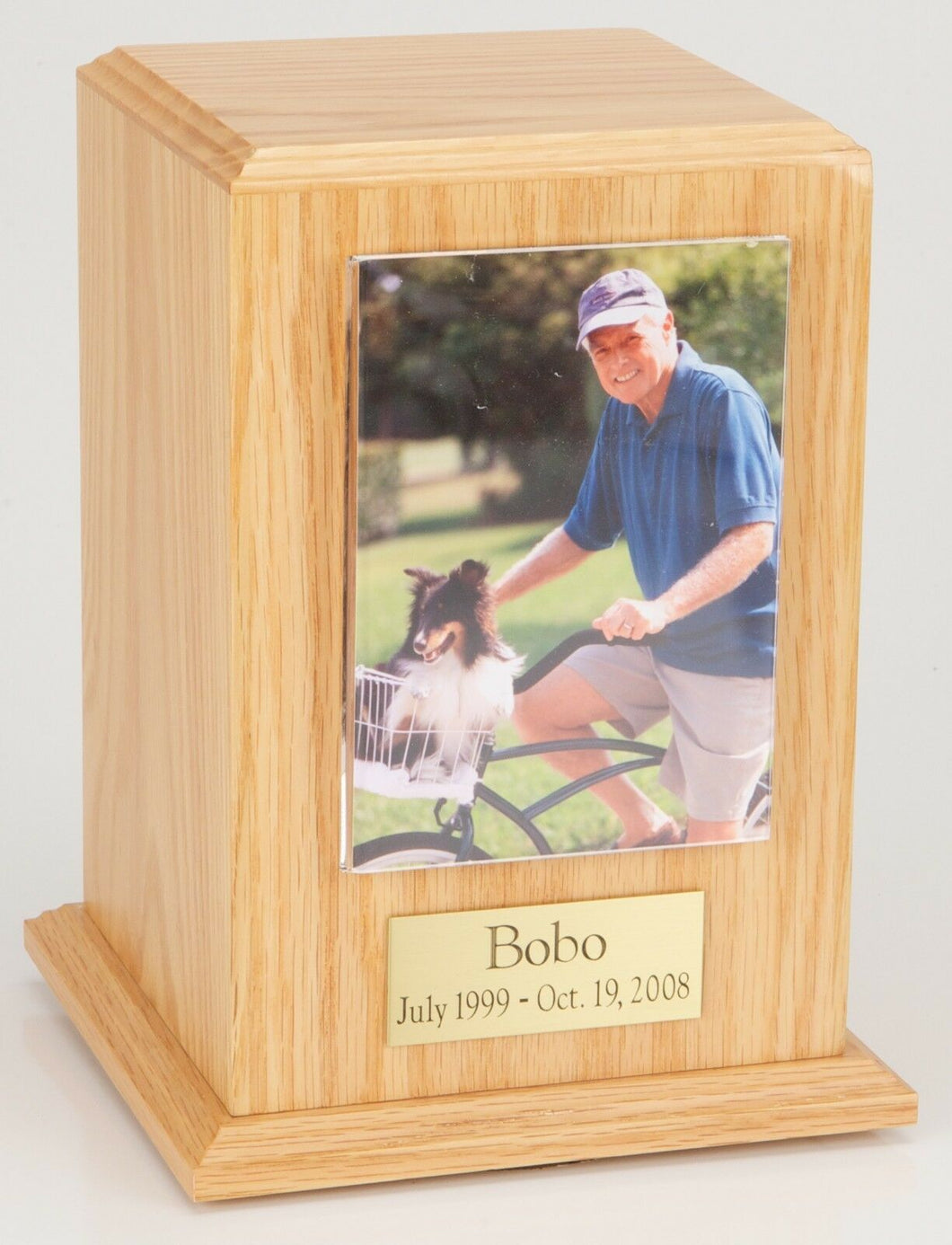 Large 110 Cubic Ins Oak Pet Tower Photo Urn for Ashes w/Engravable Nameplate