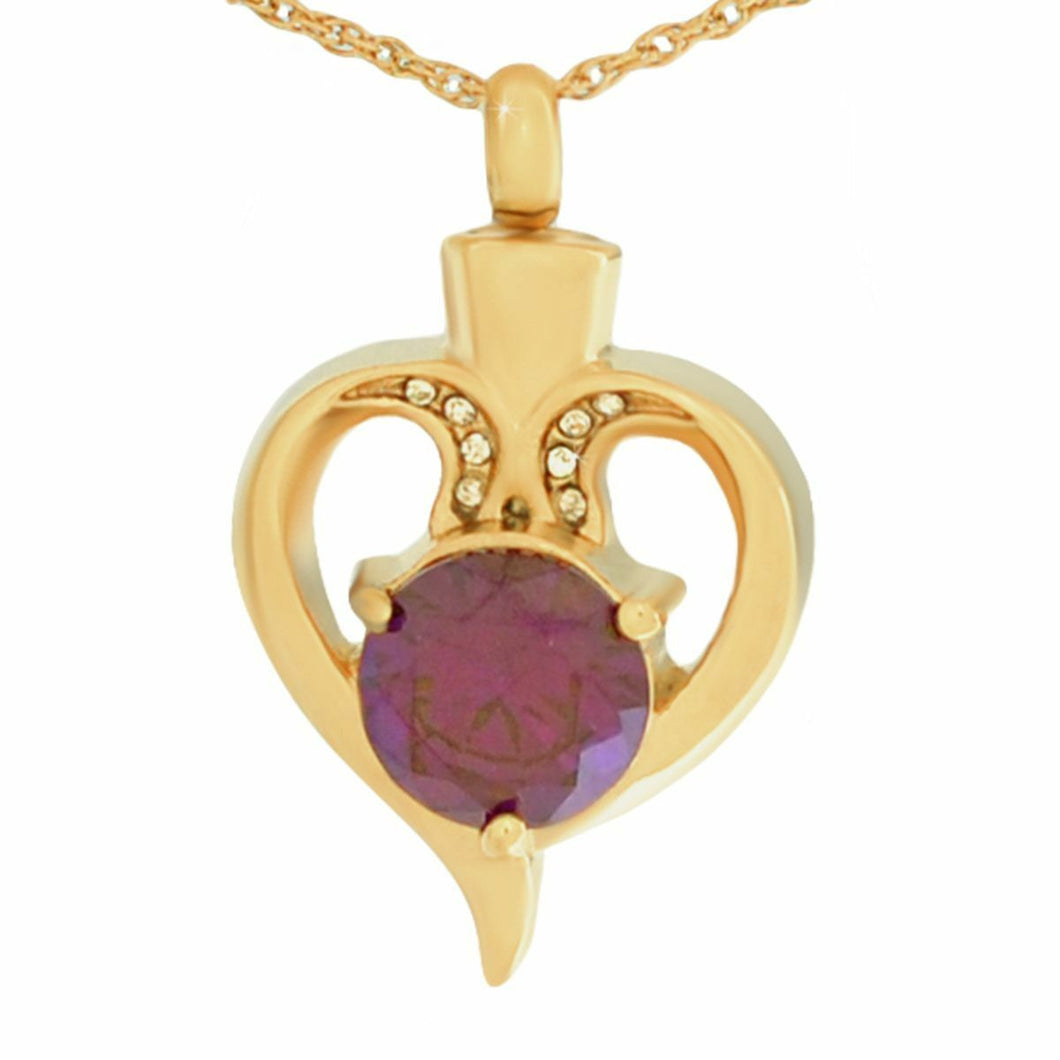 Small/Keepsake Gold Heart with Purple Stone Pendant Cremation Urn for Ashes