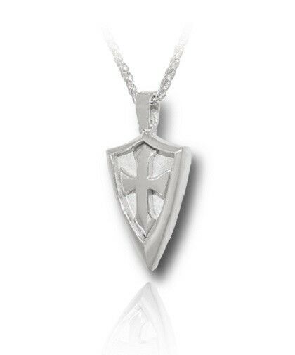 Sterling Silver Defender Cross Funeral Cremation Urn Pendant for Ashes w/Chain