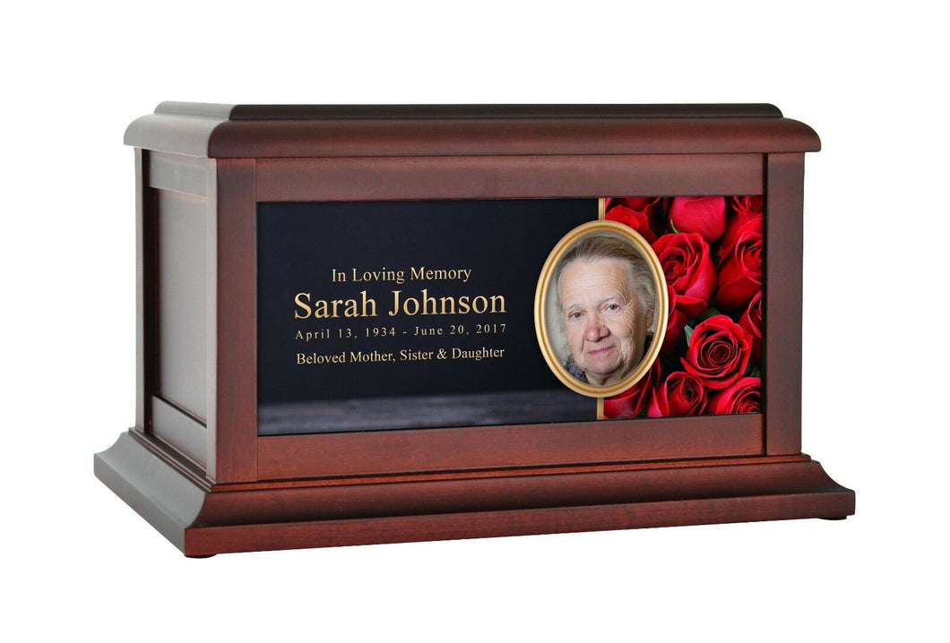 Large/Adult 200 Cubic Inch Red Roses Wood Photo Funeral Cremation Urn for Ashes