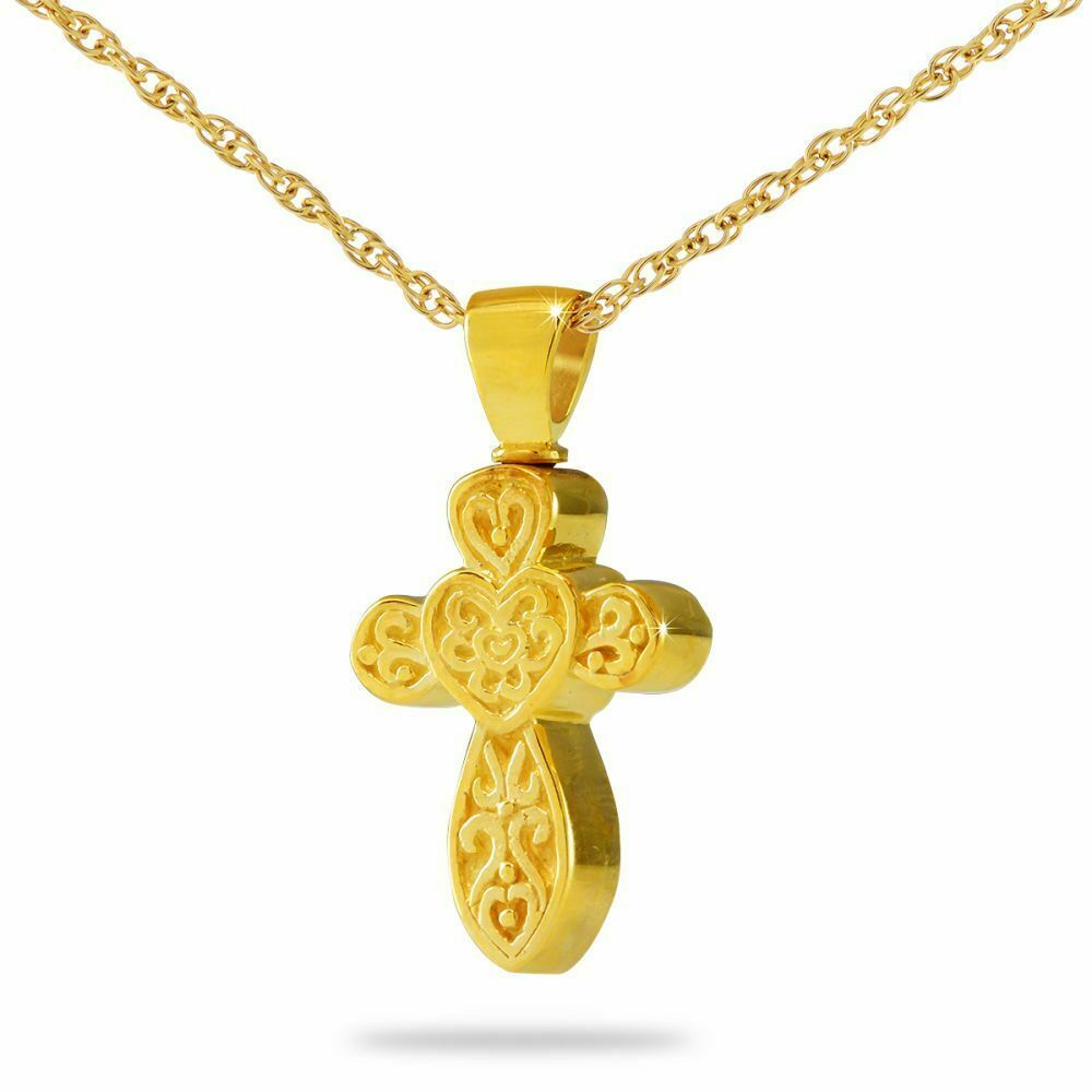 10K Elegant Cross Solid Gold Pendant /Necklace Funeral Cremation Urn for Ashes