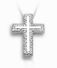 Load image into Gallery viewer, Sterling Silver Swirl Border Cross Funeral Cremation Urn Pendant with Chain
