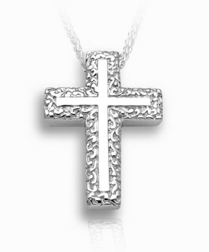 Sterling Silver Swirl Border Cross Funeral Cremation Urn Pendant with Chain