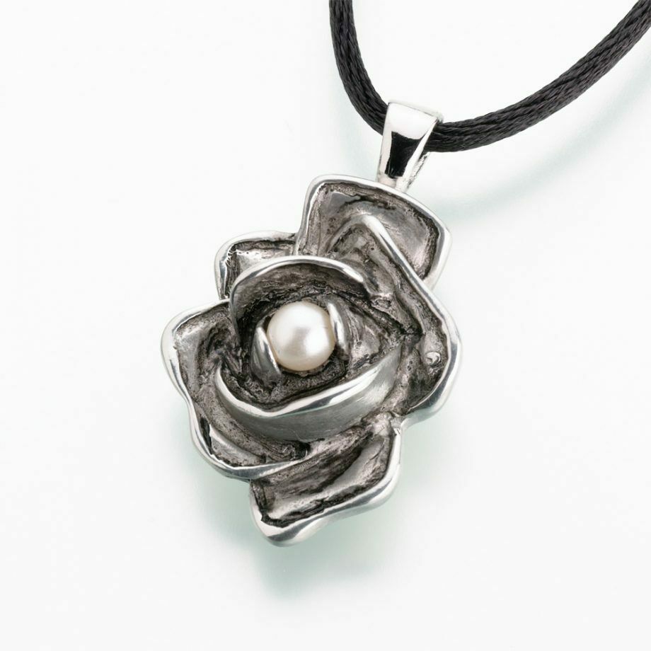 Antique Pewter Rose W/Pearl Jewelry Pendant Funeral Cremation Urn
