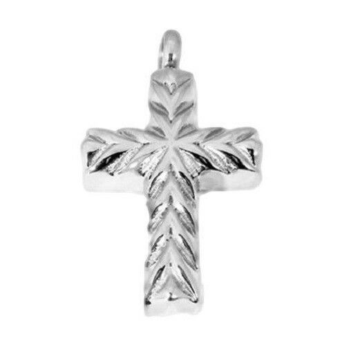 Stainless Steel Cut Design Cross Cremation Urn Pendant w/20-inch Necklace