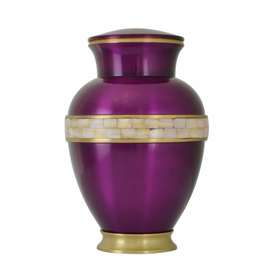 Large/Adult 220 Cubic Ins Purple Mother of Pearl Brass Cremation Urn for Ashes