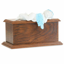 Load image into Gallery viewer, Small/Keepsake 80 Cubic Inch Blue Resting Angel Wood Cremation Urn for Ashes
